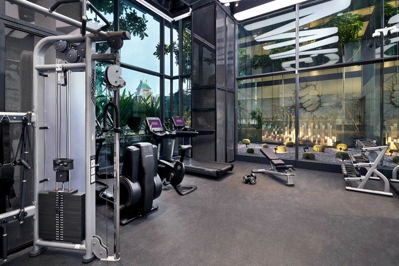 Glass-enclosed gym with cactus garden view and organic ceiling lights