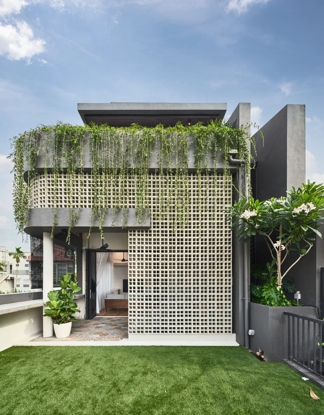 Exterior view from balcony in modern residential project.