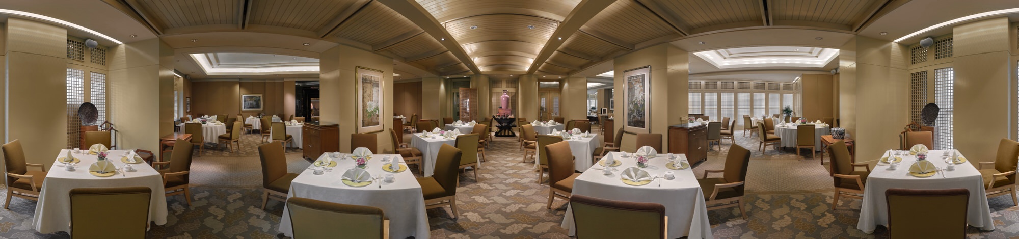 360 panorama of Golden Peony Chinese restaurant at Conrad Centennial Singapore with white-cloth table settings