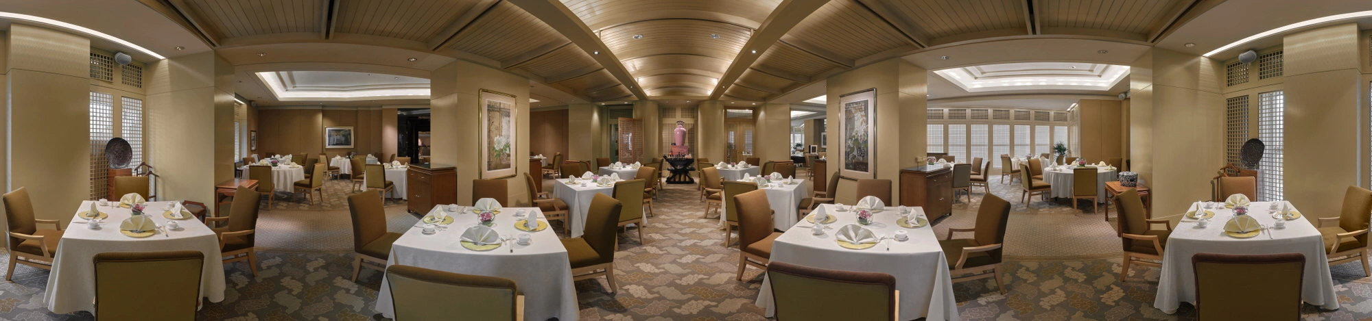 360 panorama of Golden Peony Chinese restaurant at Conrad Centennial Singapore with white-cloth table settings