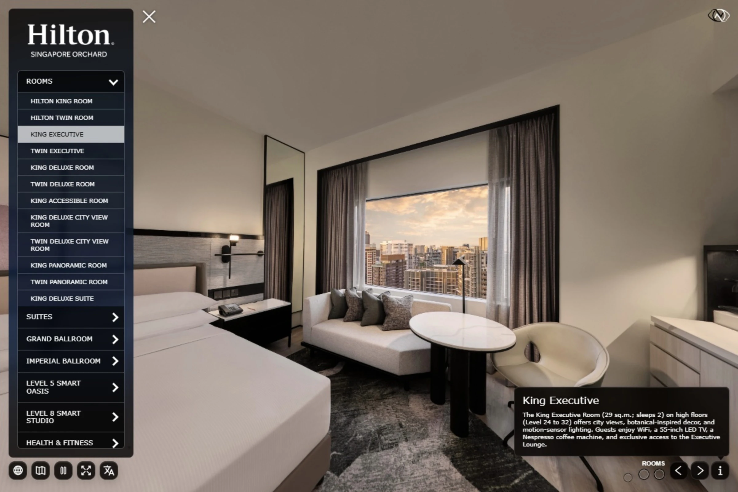 Hilton Singapore Orchard virtual tour interface showing a king executive room with menu navigation