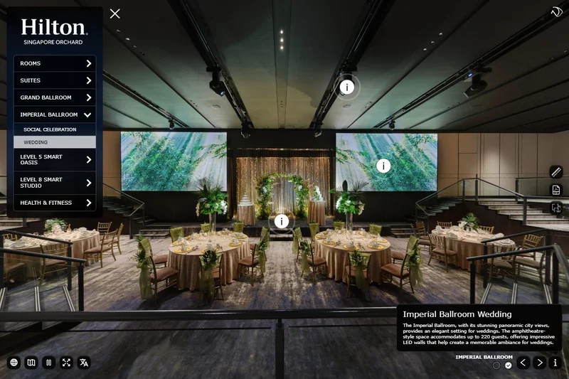 Hilton Singapore Orchard 360 virtual tour interface showing the Imperial Ballroom set for a wedding with banquet tables, stage, LED screens, hotspots, and side navigation menu.