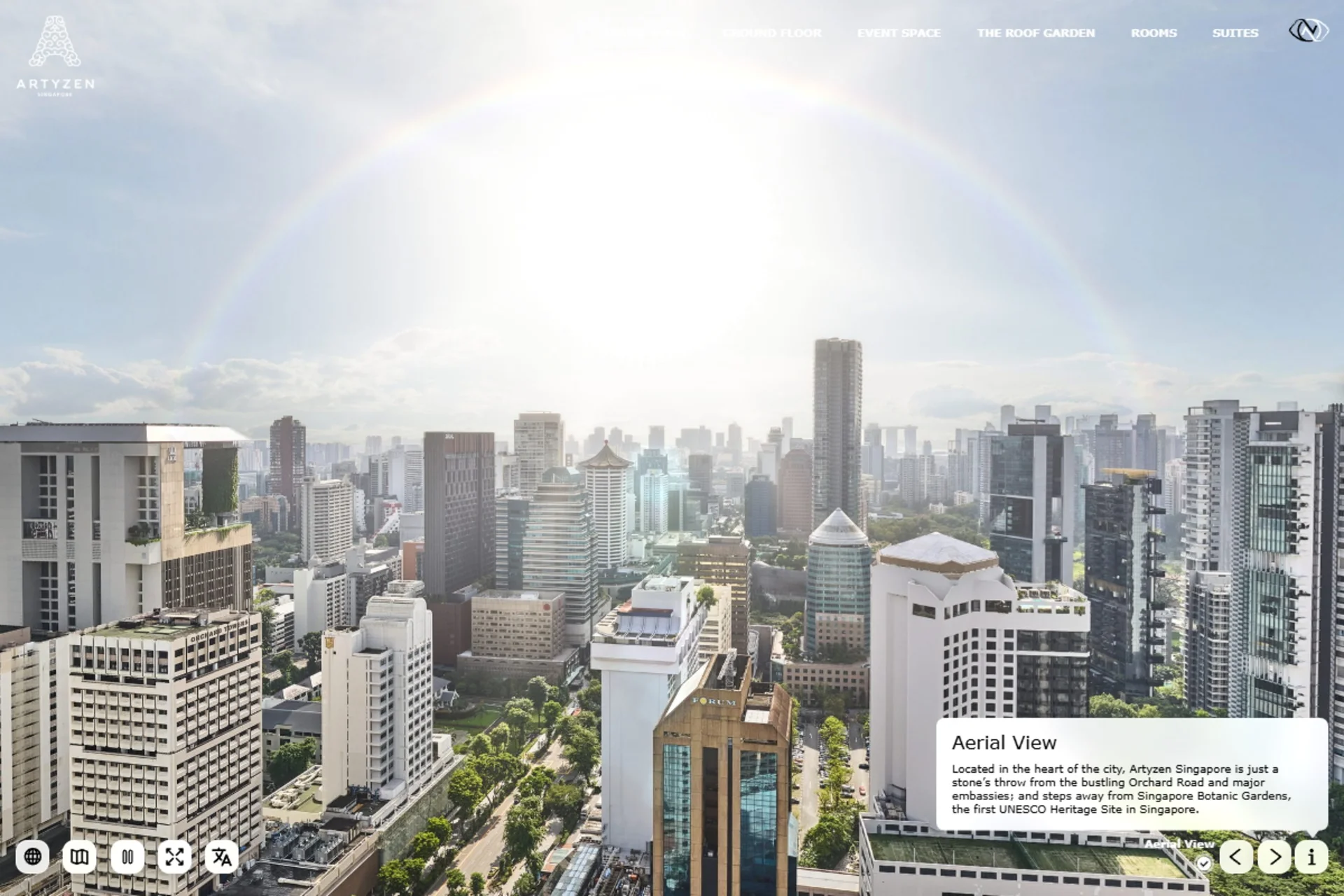 Artyzen Singapore aerial 360 showing an animated lens-flare effect over the city skyline