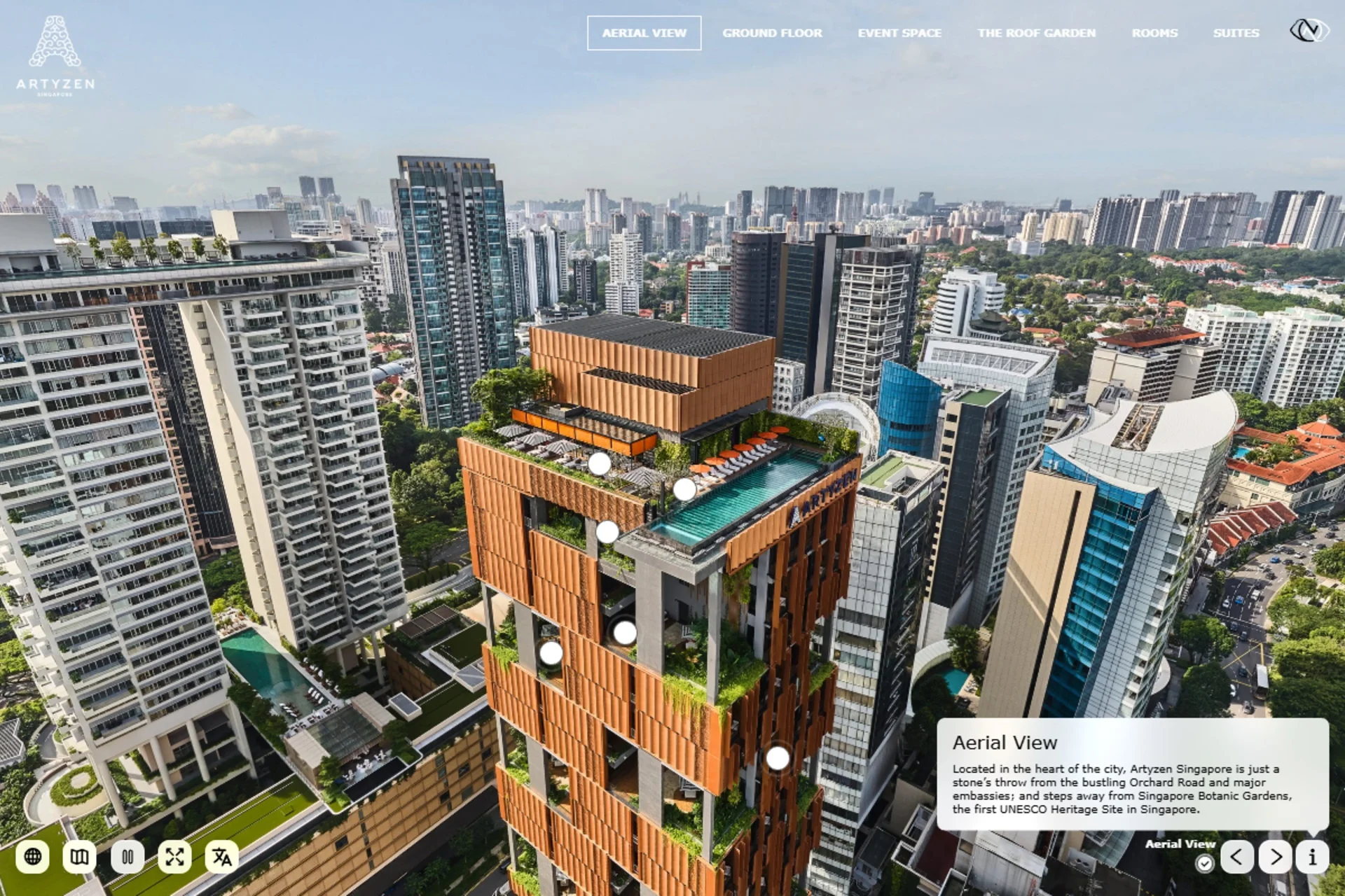 Artyzen Singapore aerial 360 showing the hotel, surrounding city and waypoint hotspots
