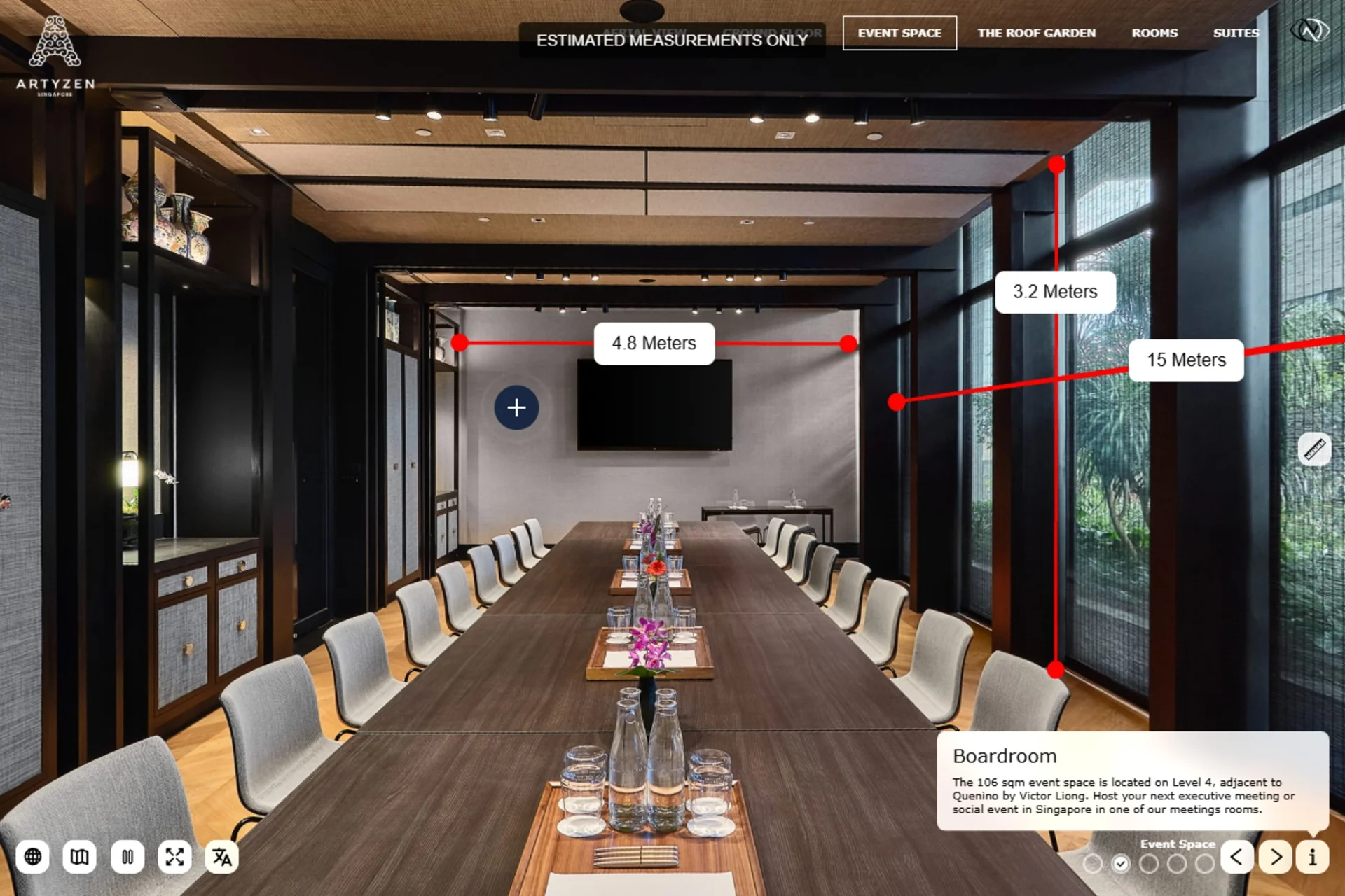 Artyzen Singapore Boardroom virtual tour showing width, length and ceiling-height measurements