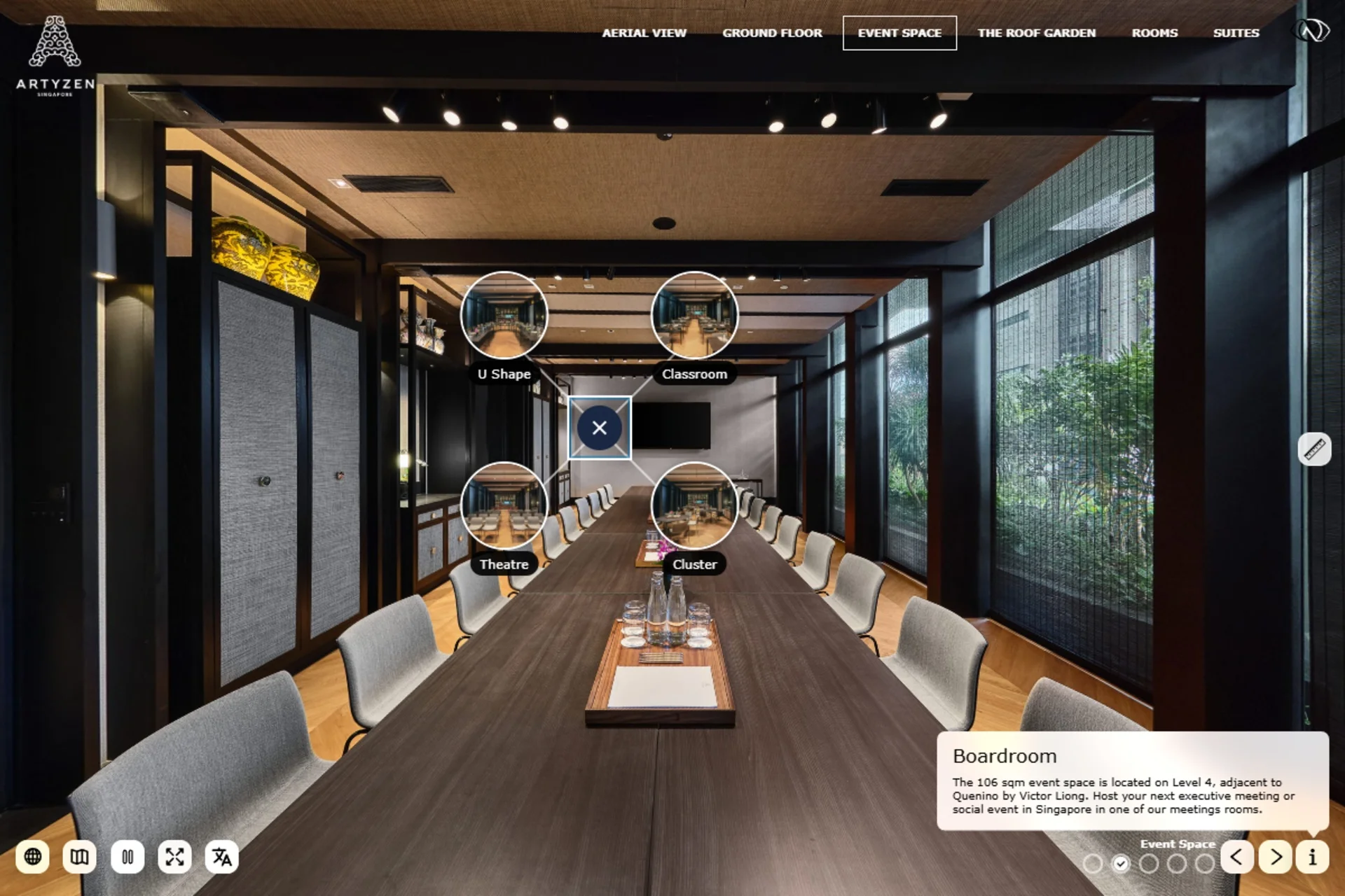 Artyzen Singapore Boardroom virtual tour showing controls for U-shape, classroom, theatre and cluster configurations