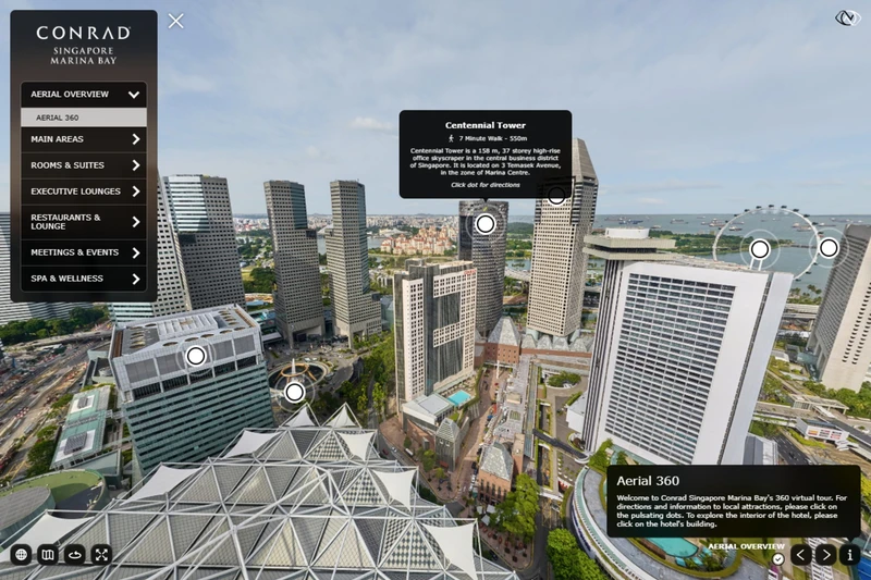 Conrad Singapore Marina Bay virtual tour showing aerial landmarks with the Centennial Tower information and walking distance panel