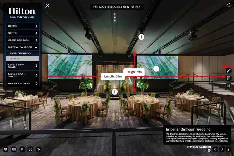 Hilton Singapore Orchard virtual tour showing the Imperial Ballroom’s 30-metre length and 5-metre height measurements.