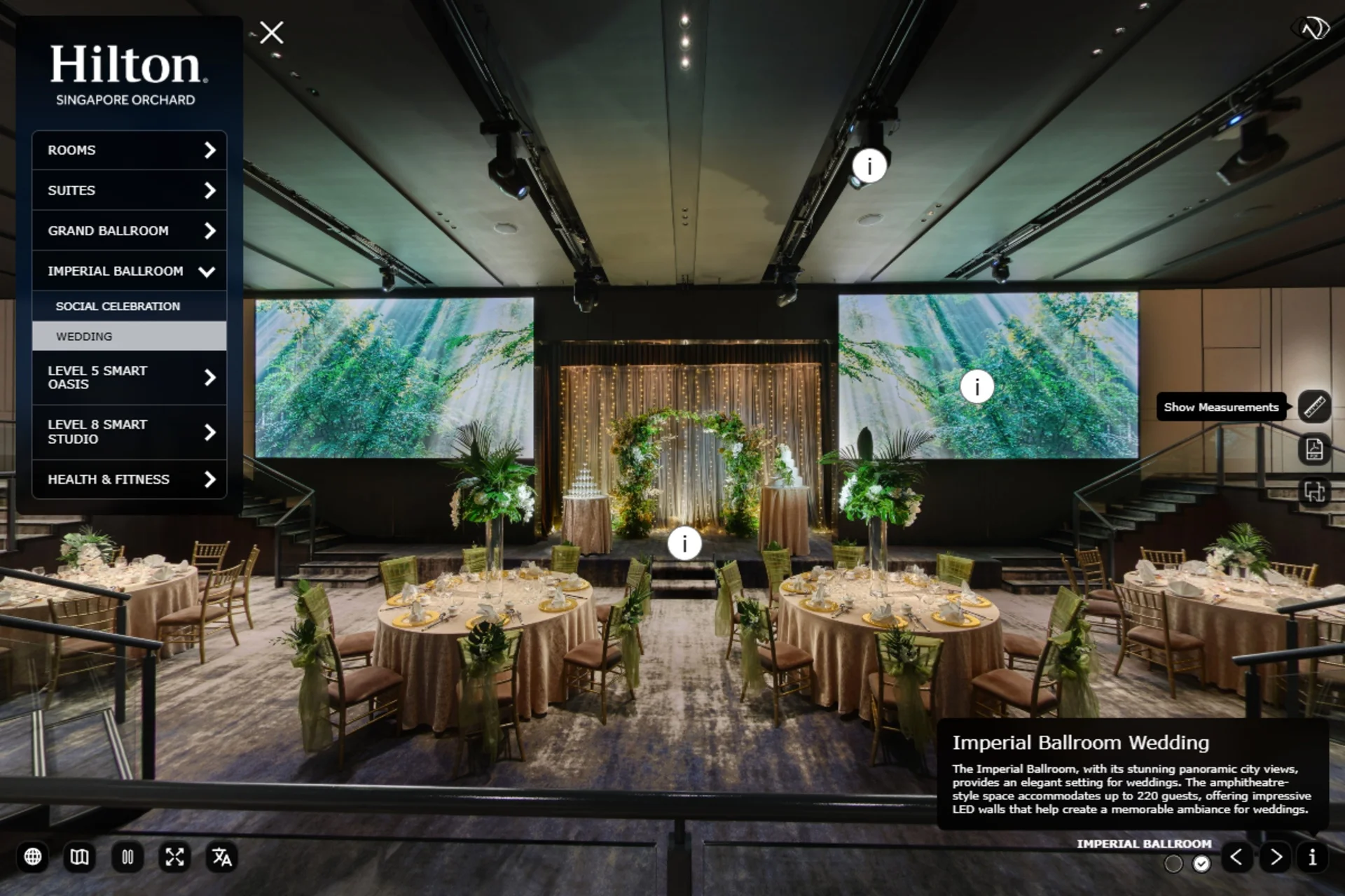 Hilton Singapore Orchard virtual tour showing MICE controls for measurements, a floor plan and a PDF in the Imperial Ballroom