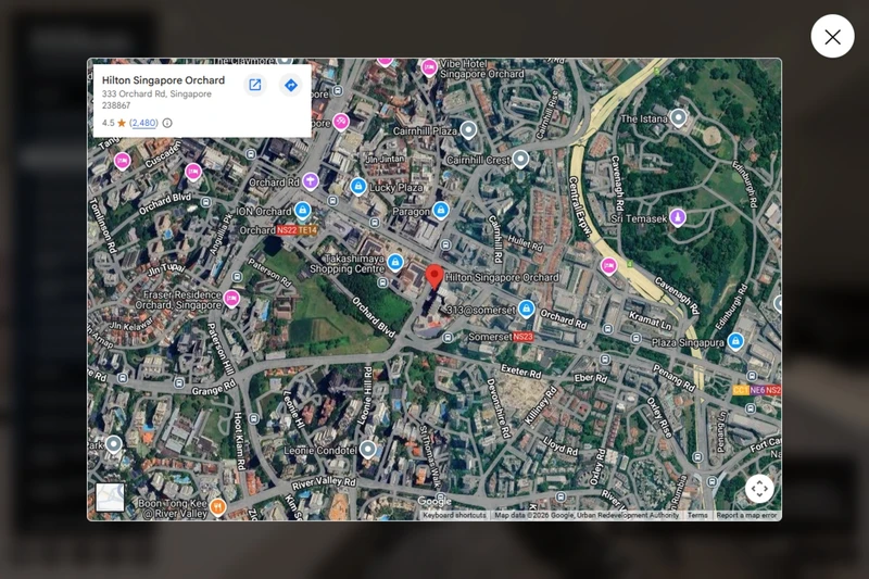 Embedded map in the Hilton Singapore Orchard virtual tour showing the hotel’s location on Orchard Road