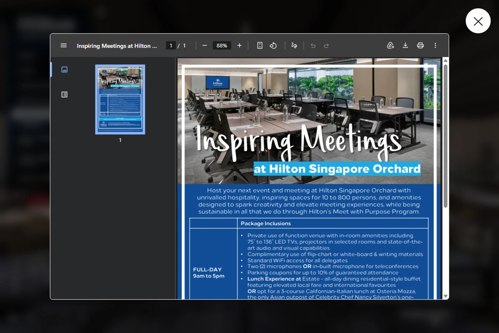 Hilton Singapore Orchard meeting package PDF.