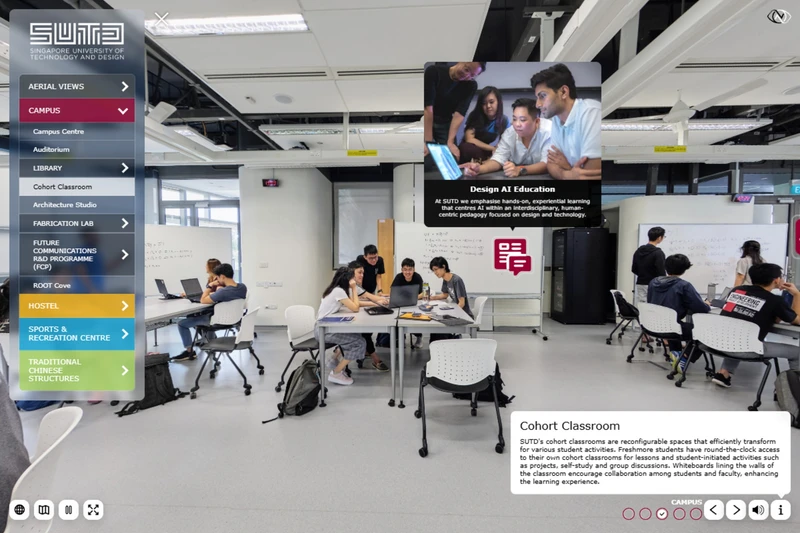SUTD virtual tour showing embedded image and information content in the Cohort Classroom