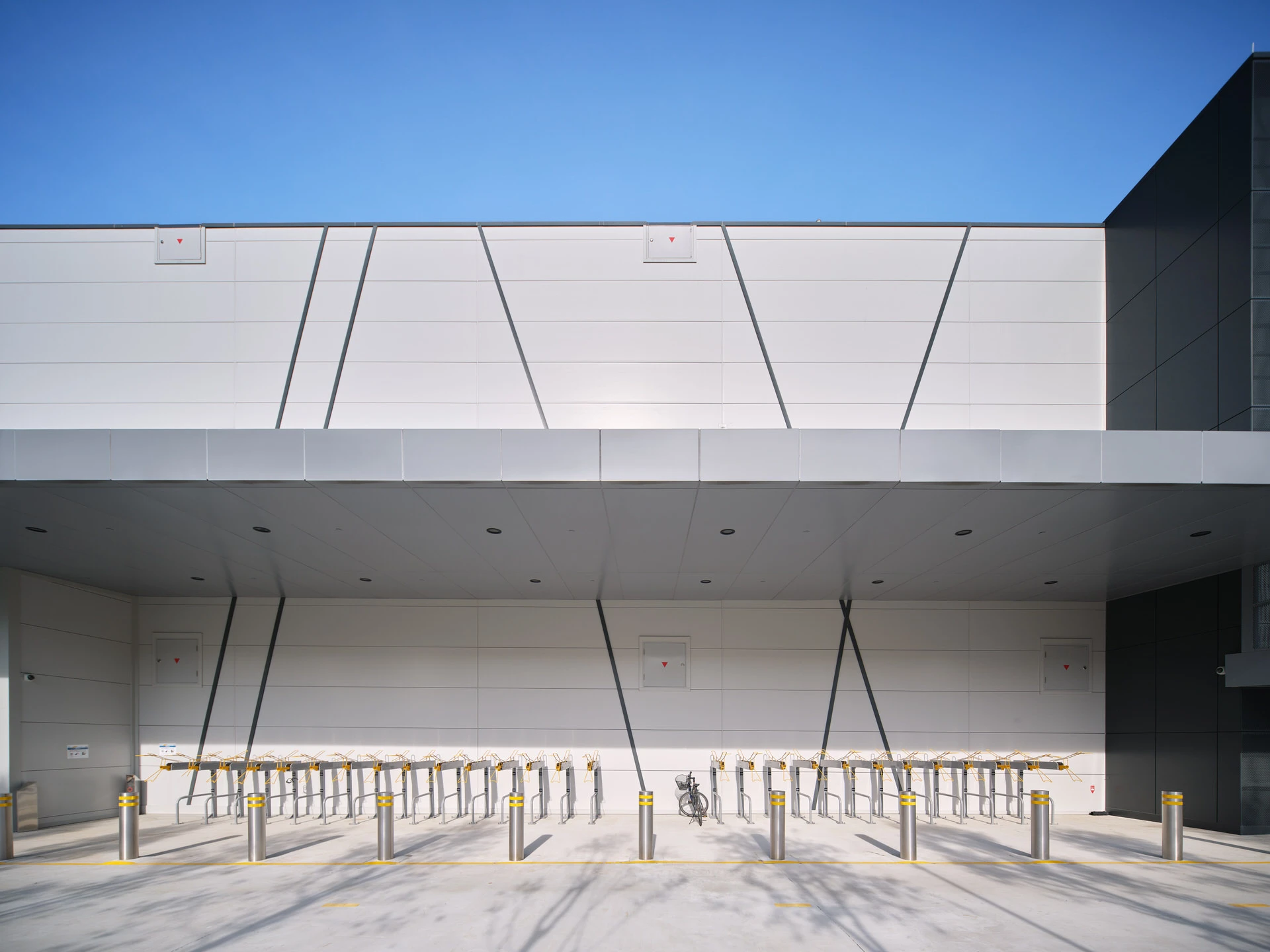 Covered bicycle parking with V-braces and cantilevered canopy