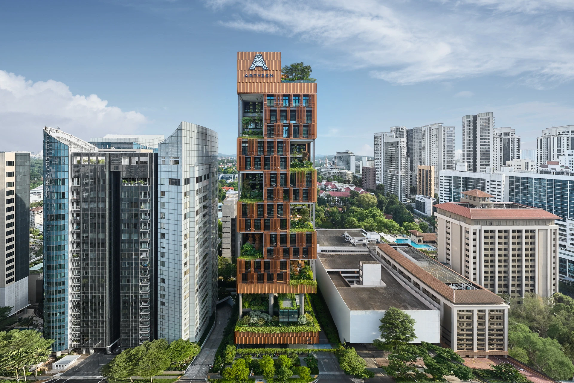 Artyzen Hotel Singapore terracotta tower with vertical greenery above landscaped podium