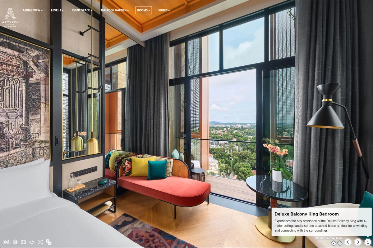 Deluxe Balcony King Bedroom with floor-to-ceiling windows and city views at Artyzen Singapore boutique hotel virtual tour
