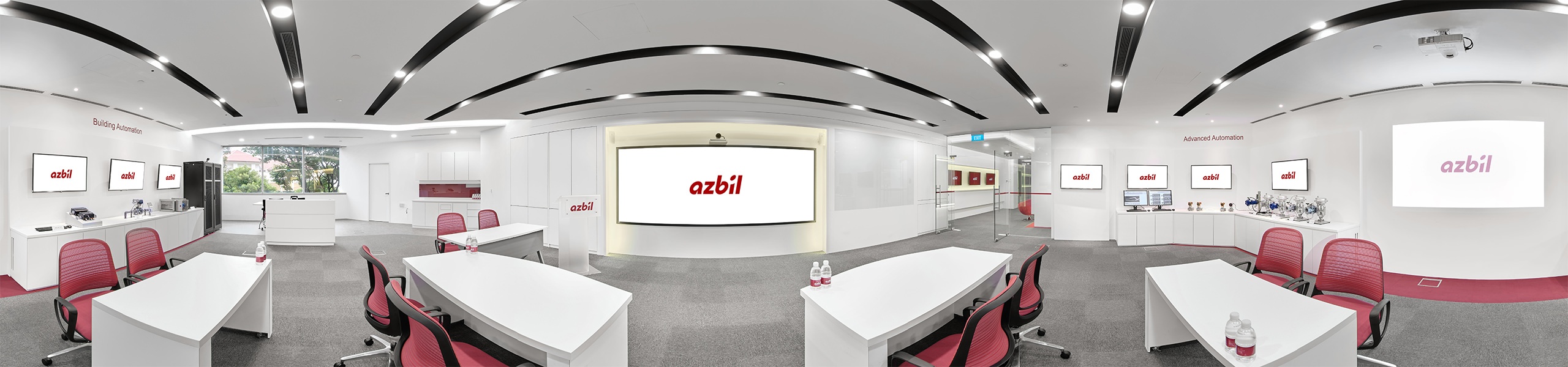 360 panorama of Azbil Singapore showroom with product displays, training desks and building automation demonstrations