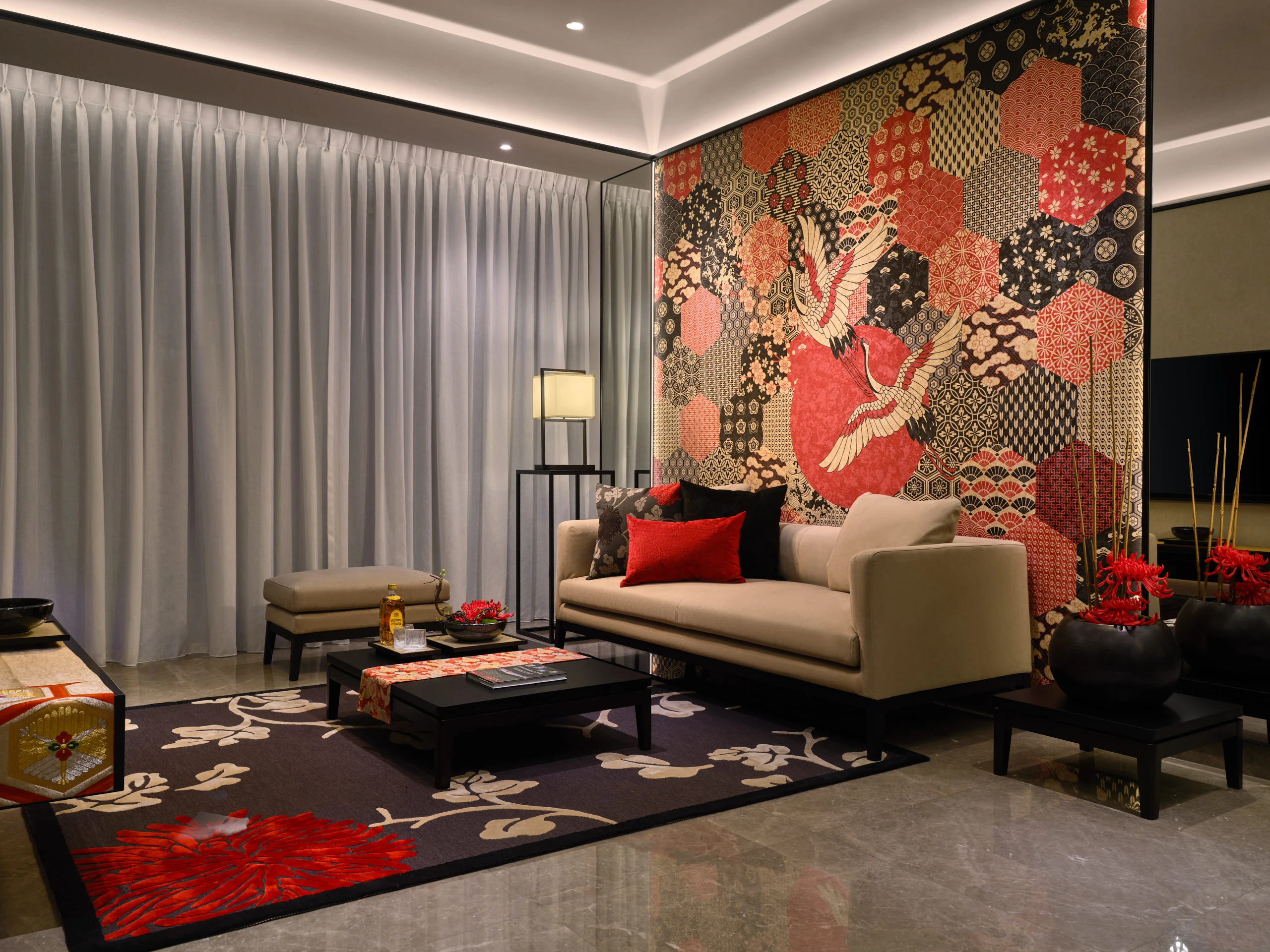 Japanese-inspired living with crane kimono mural and chrysanthemum rug