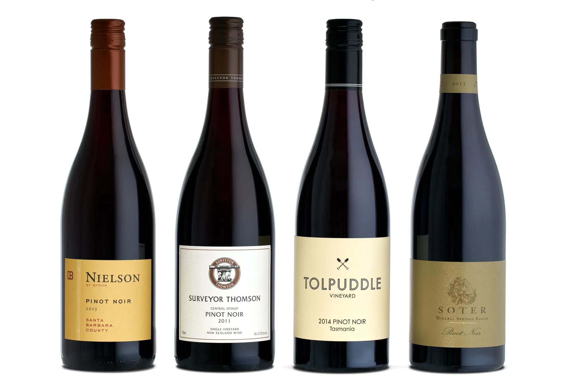 Four dark Pinot Noir bottles lined up on white: Nielson, Surveyor Thomson, Tolpuddle, and Soter, each with distinct label designs.