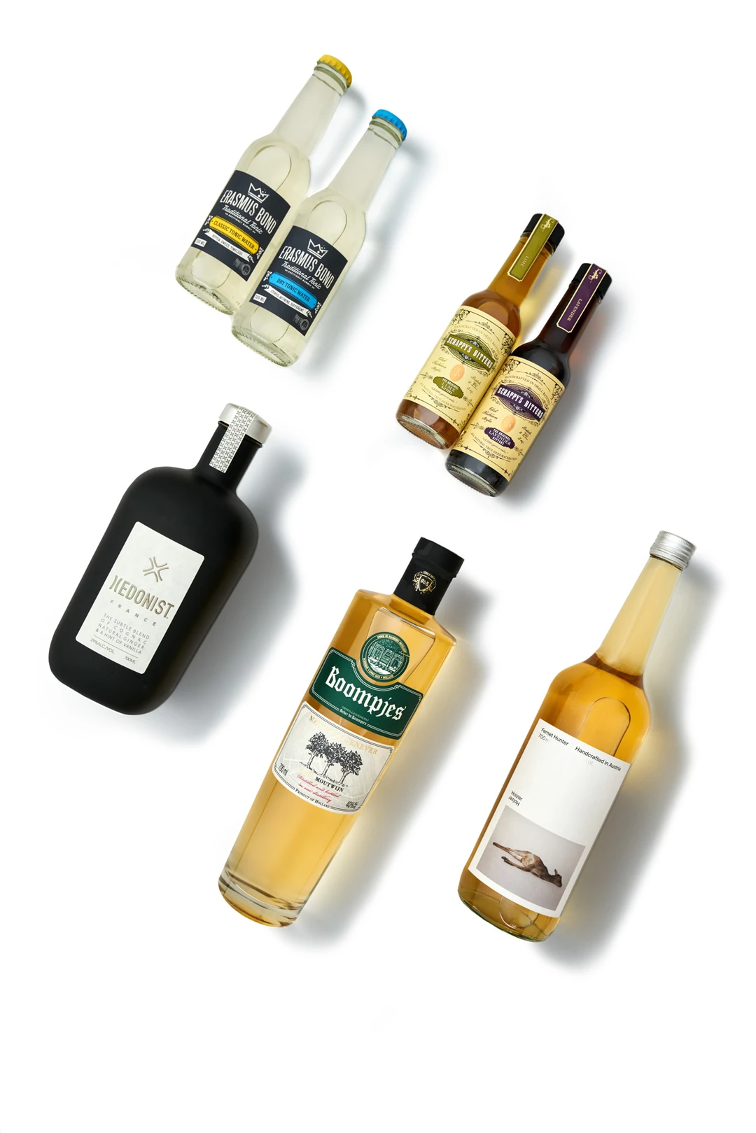 Spirit bottles on white background with controlled studio lighting