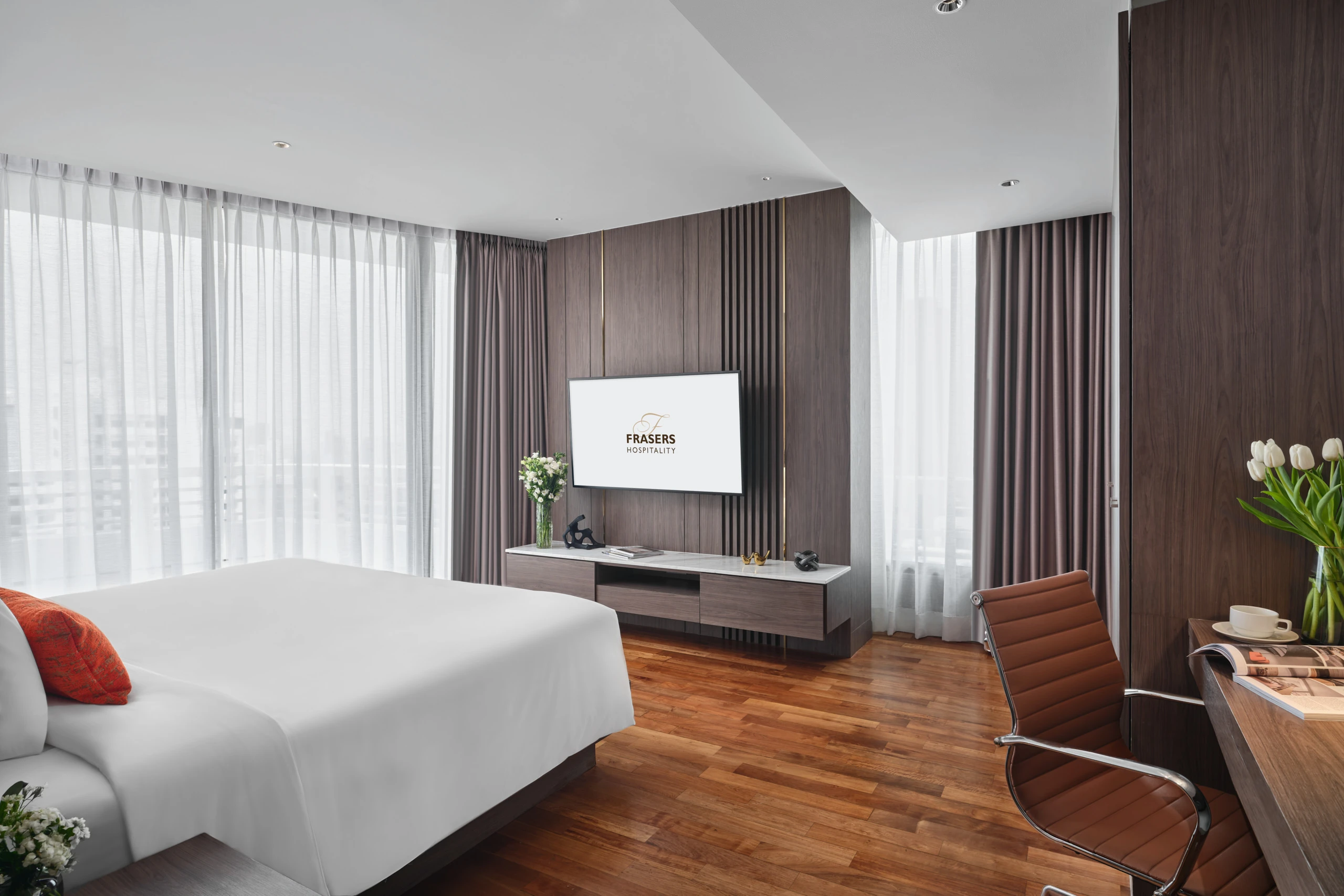 Suite with TV on walnut slatted panel, marble console and desk