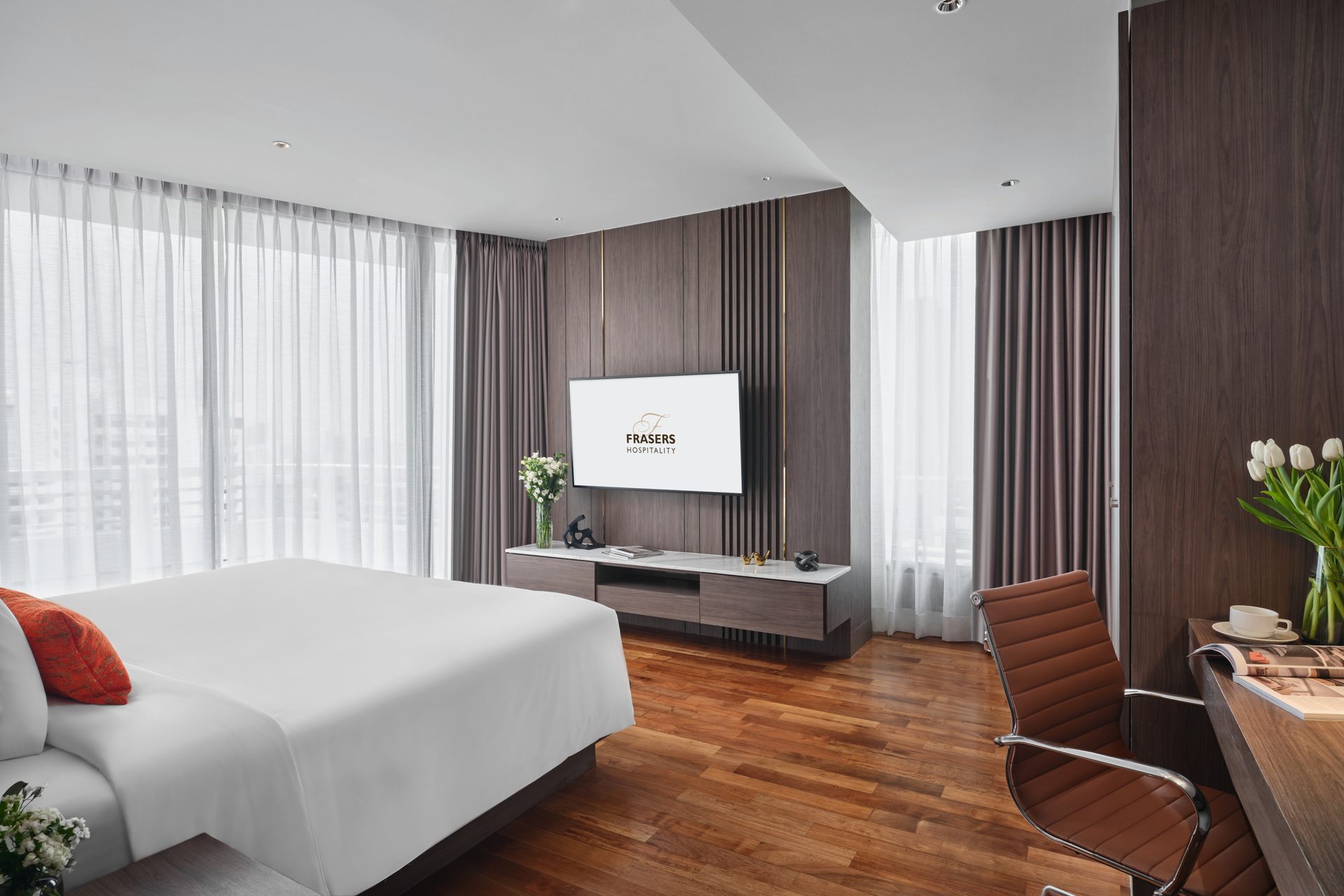 Suite with TV on walnut slatted panel, marble console and desk