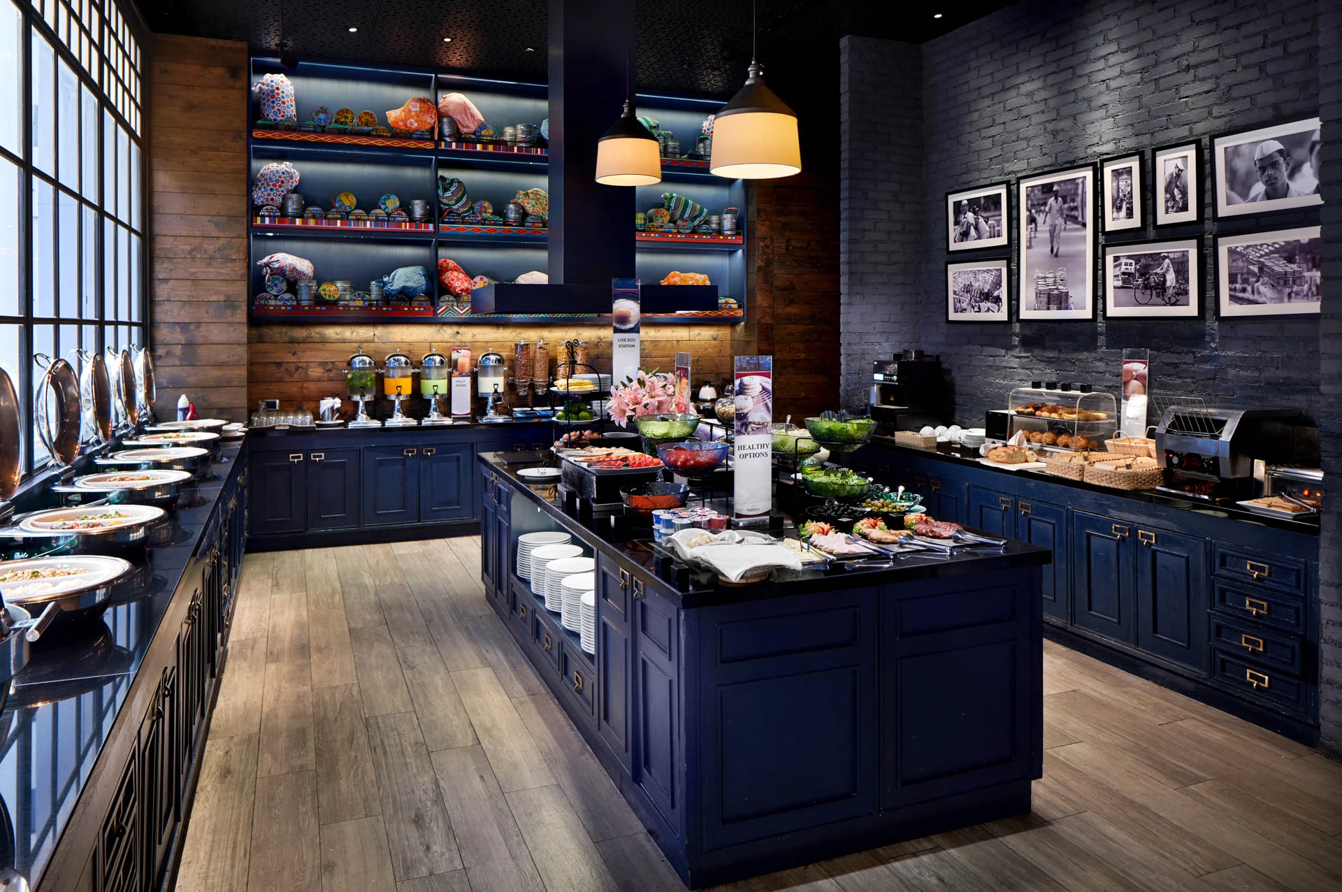 Restaurant breakfast setup with charcoal tones