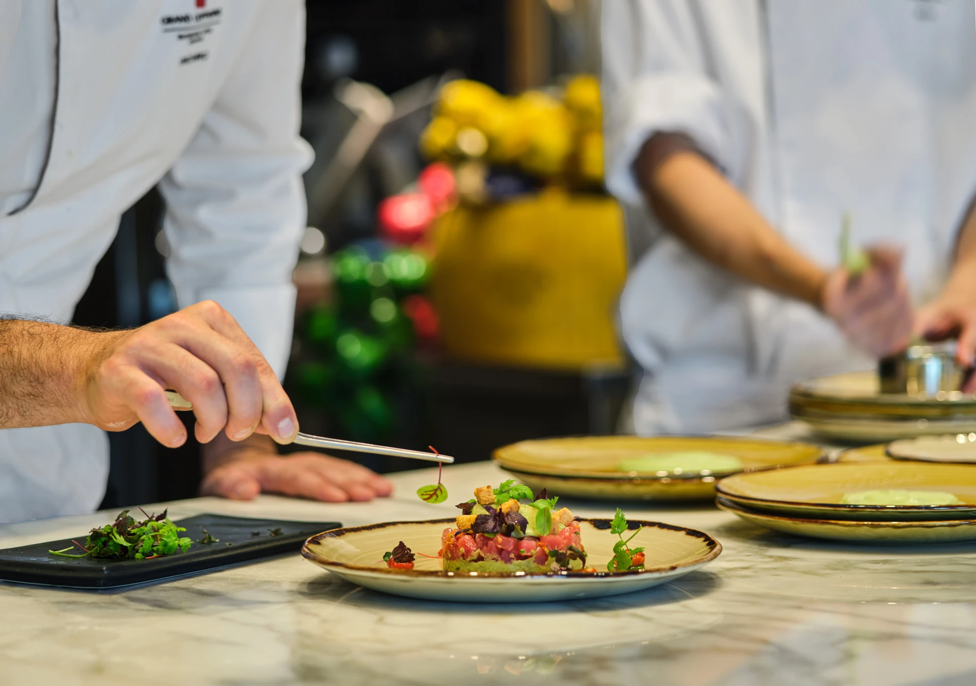 Close-up of chefs in white coats plating a colourful dish with tweezers on a marble counter, surrounded by ceramic plates with garnishes.