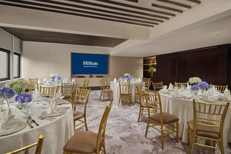 Hilton Singapore Orchard Level 8 Lilac in social event setup with modern hotel meeting room seating and integrated presentation screens