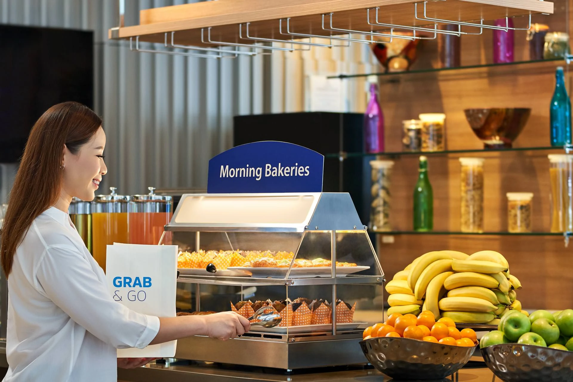 Grab-and-go counter with snacks and drinks