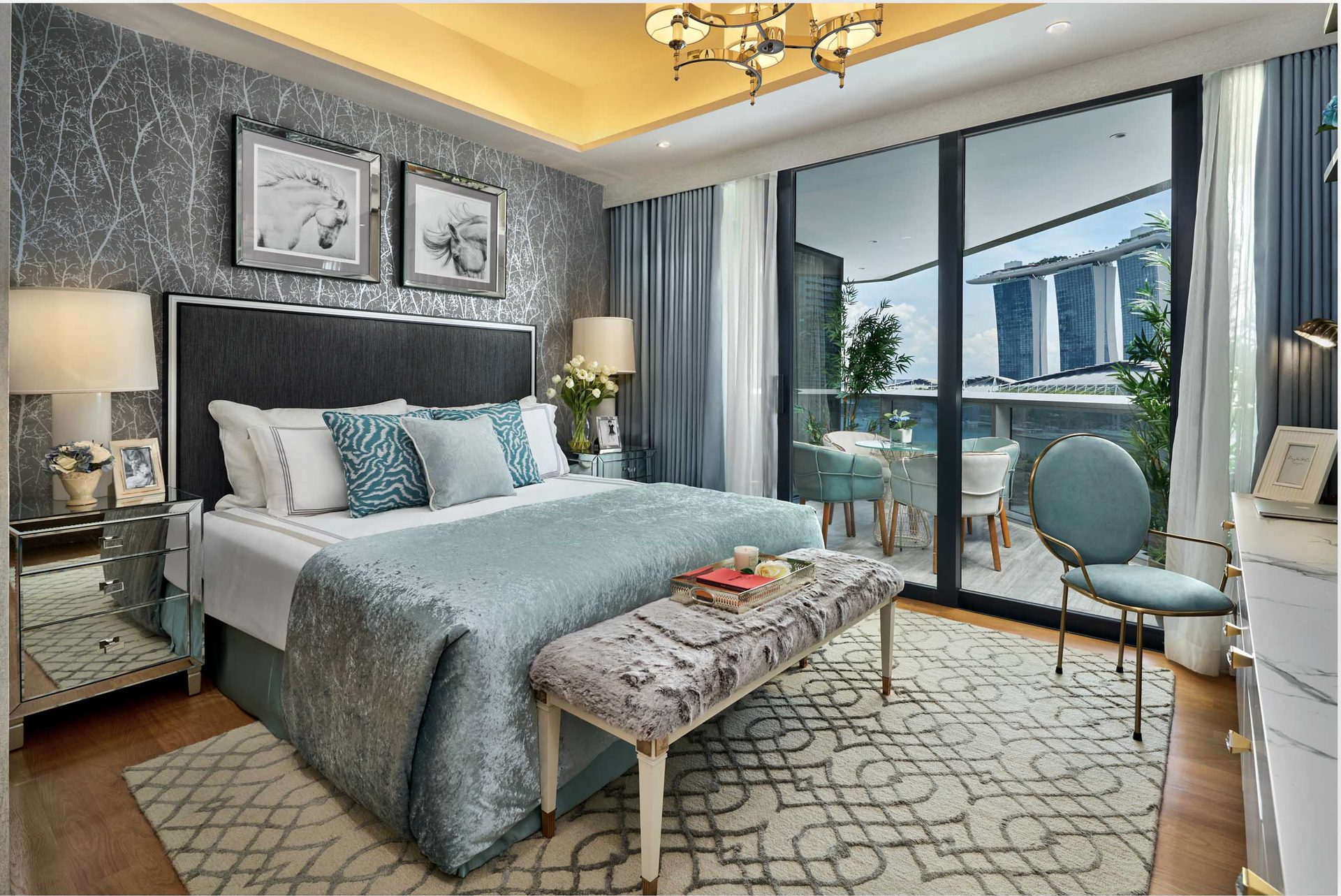 Cozy bedroom with contemporary decor and large windows