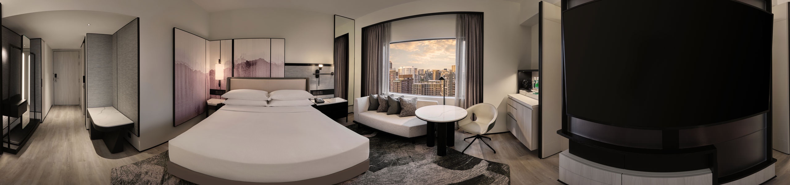 360 panorama of Hilton Singapore Orchard executive king room with ink-wash headboard screen and city views