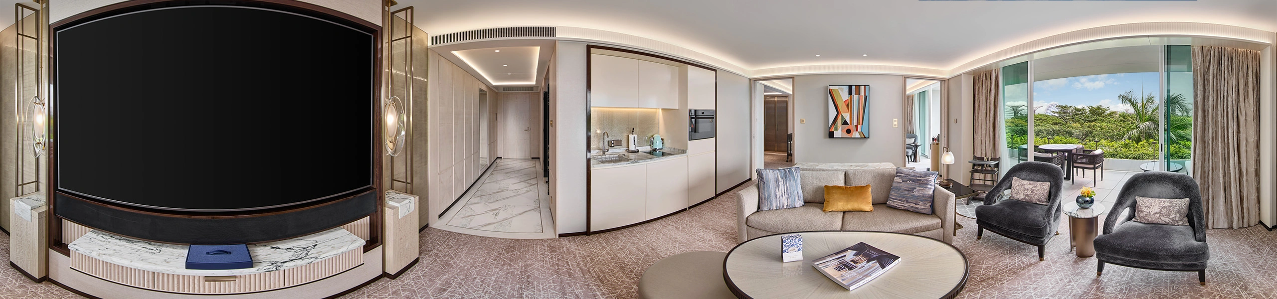 360 panorama of Marina Bay Sands family room living area with sofa, kitchenette and garden views