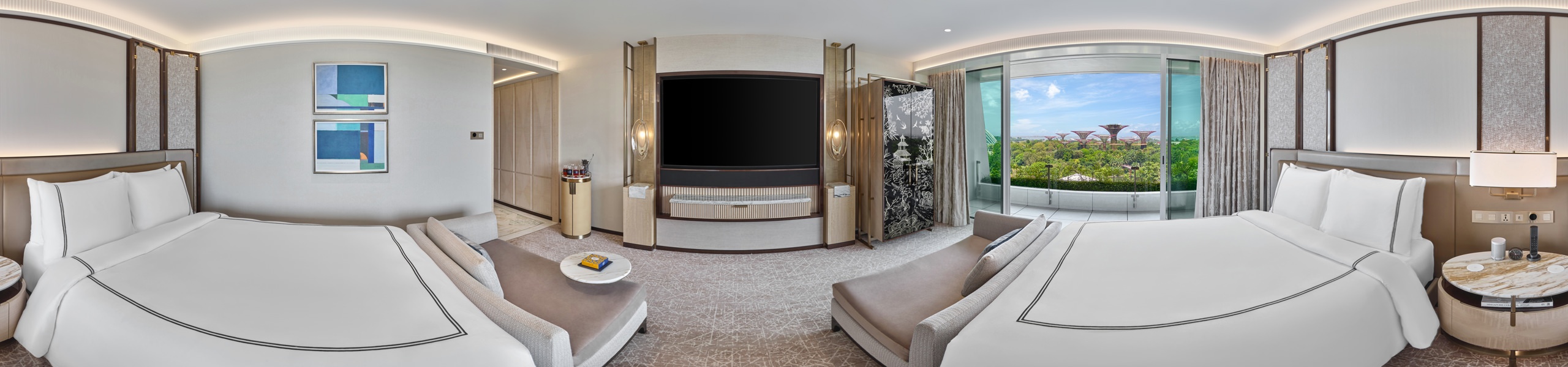 360 panorama of Marina Bay Sands premier double queen room with Gardens by the Bay views