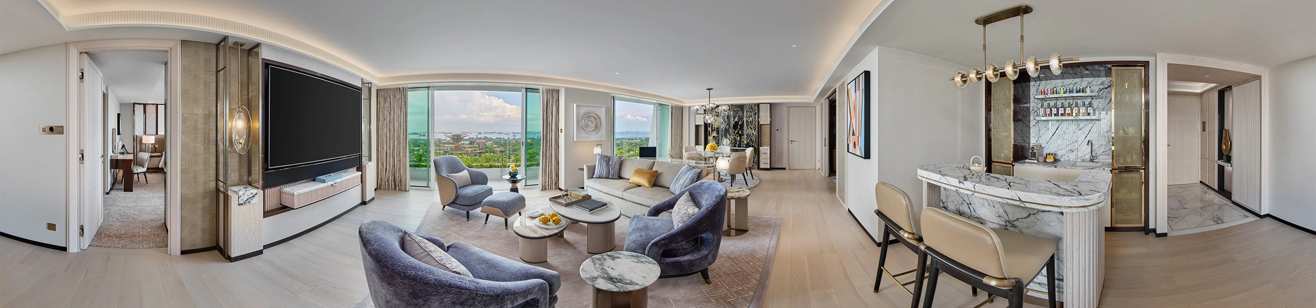 360 panorama of Marina Bay Sands signature suite entertainment room with velvet seating, marble bar and pool table