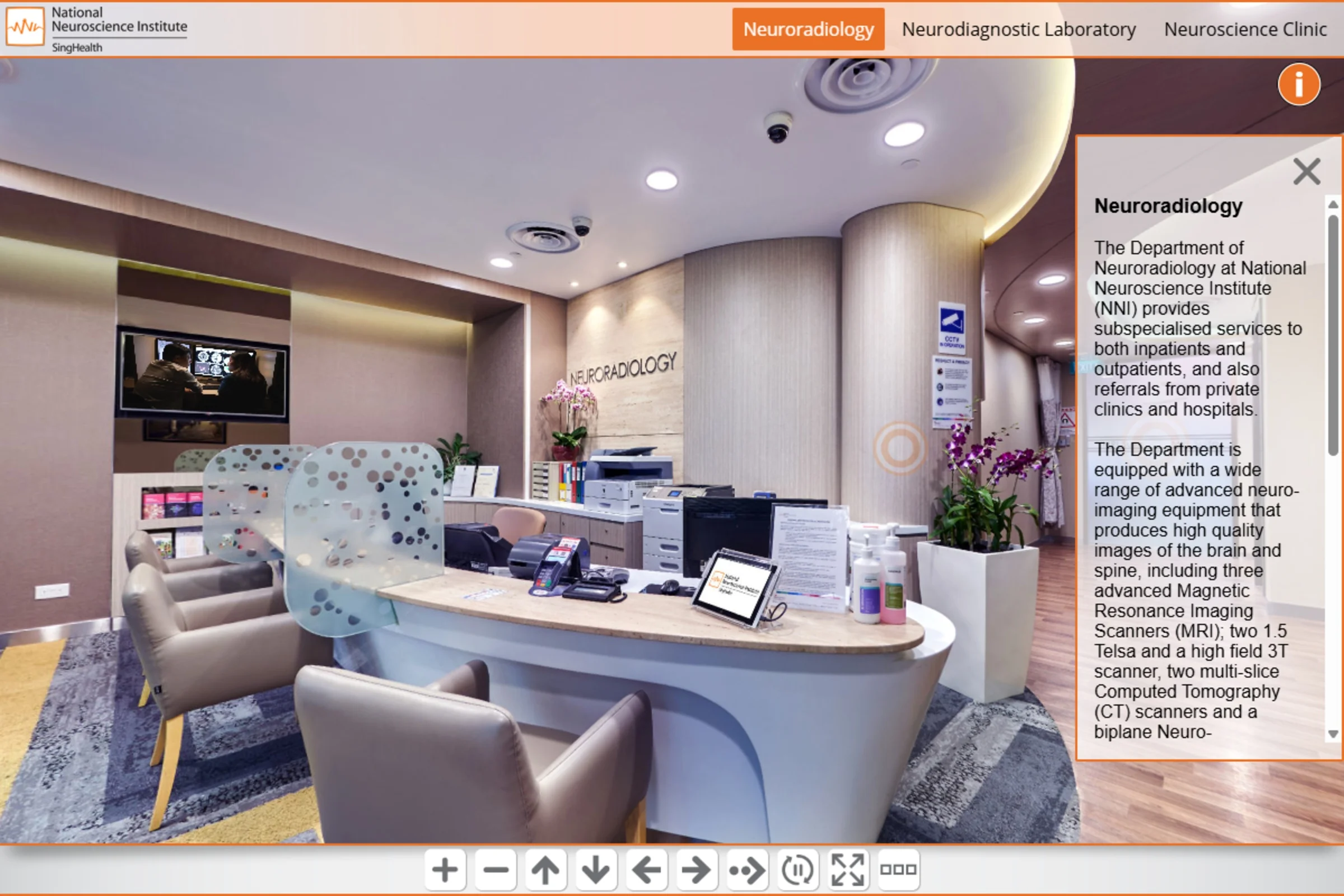 Virtual tour of NNI Neuroradiology Department reception with modern curved desk and comfortable seating area