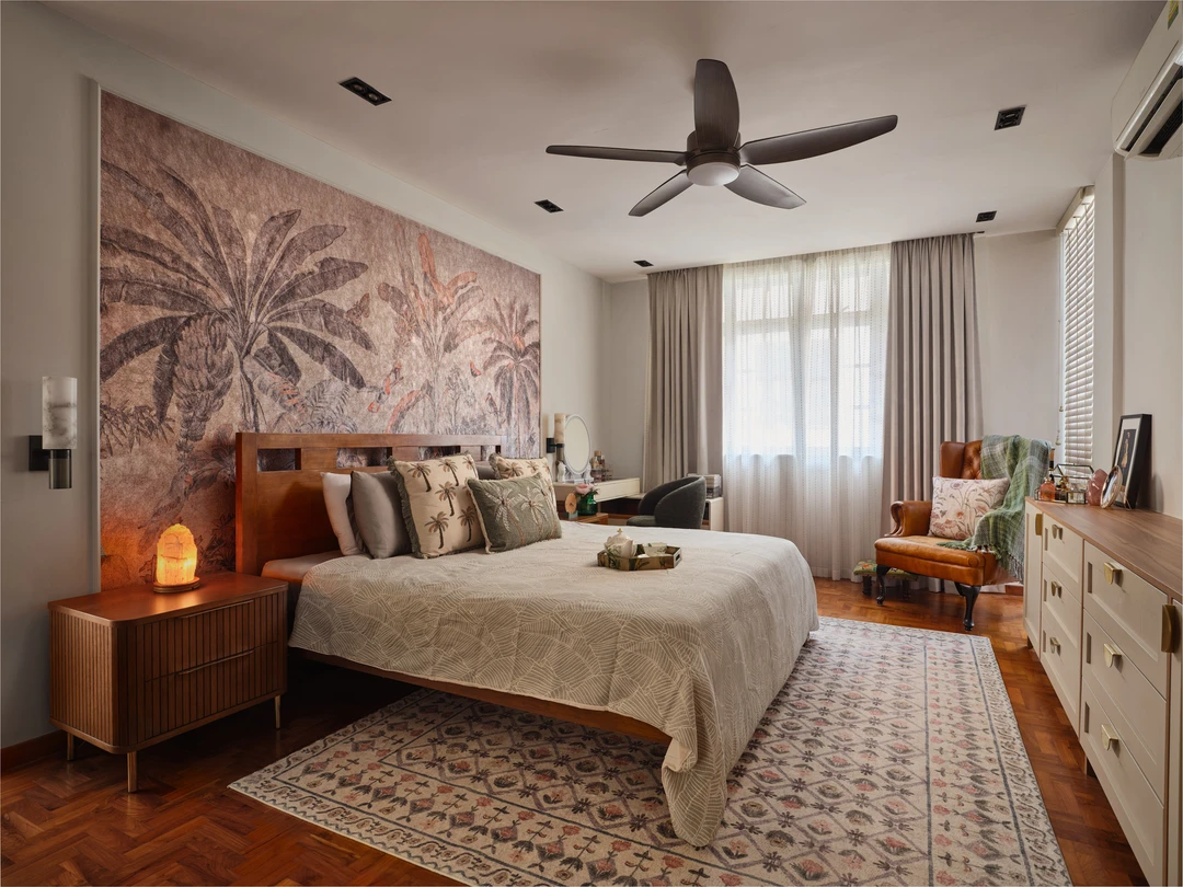 Serangoon Chuan Drive bedroom by Nidhi Jain with tropical mural headboard wall, timber bed and patterned rug