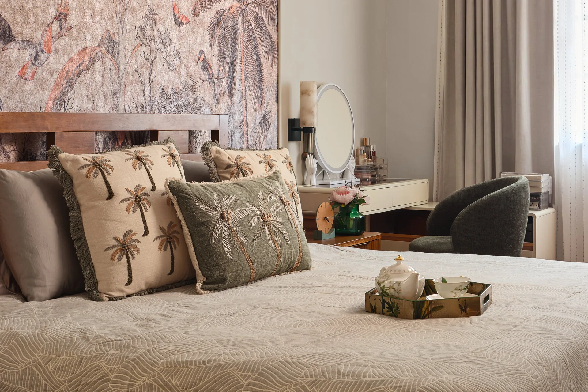 Serangoon Chuan Drive bedroom by Nidhi Jain with tropical mural headboard wall, timber bed and patterned rug
