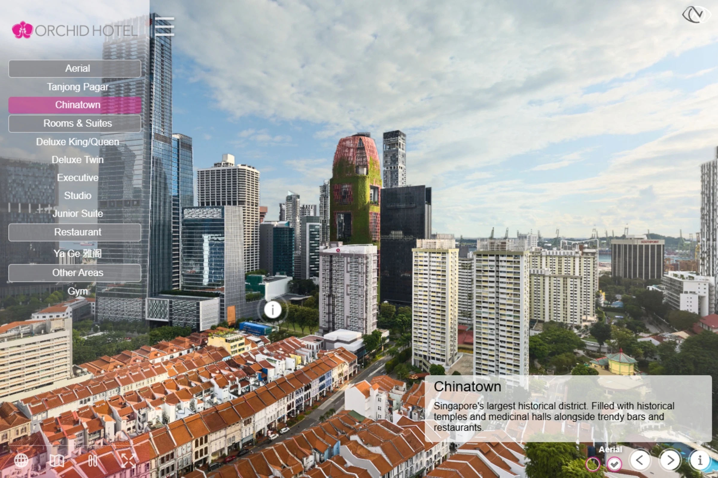 Aerial virtual tour screenshot showing Singapore Chinatown shophouses with terracotta roofs and CBD skyscrapers rising behind them under a clear sky.
