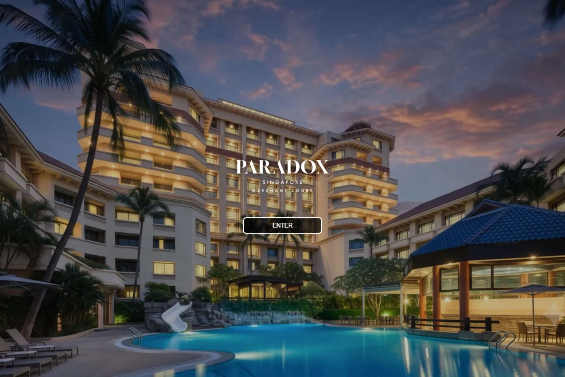 Paradox Singapore Merchant Court virtual tour opening screen with hotel exterior, pool and Enter button