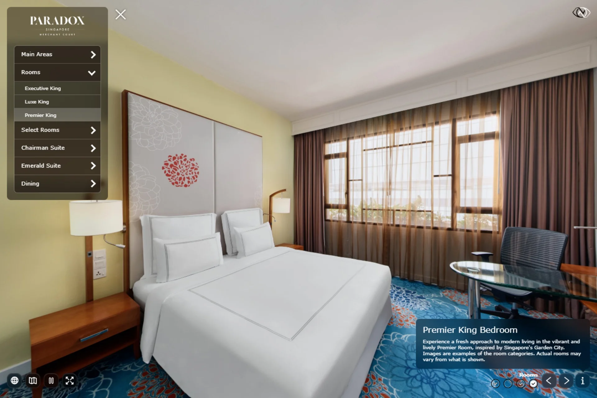Paradox Singapore Premier King bedroom with visited-scene tracking indicators in the virtual tour interface
