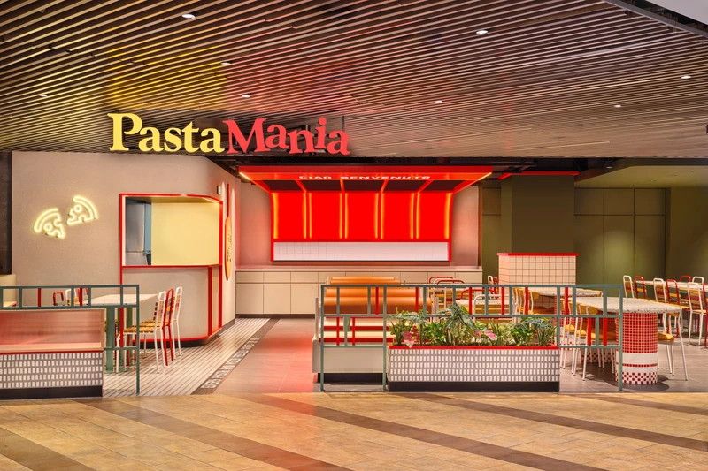 Storefront with red Ciao Benvenuto canopy and mint railings at PastaMania Causeway Point