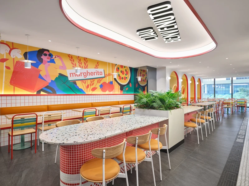Italian mural with pizza illustration and teal-red colour palette at PastaMania Jem