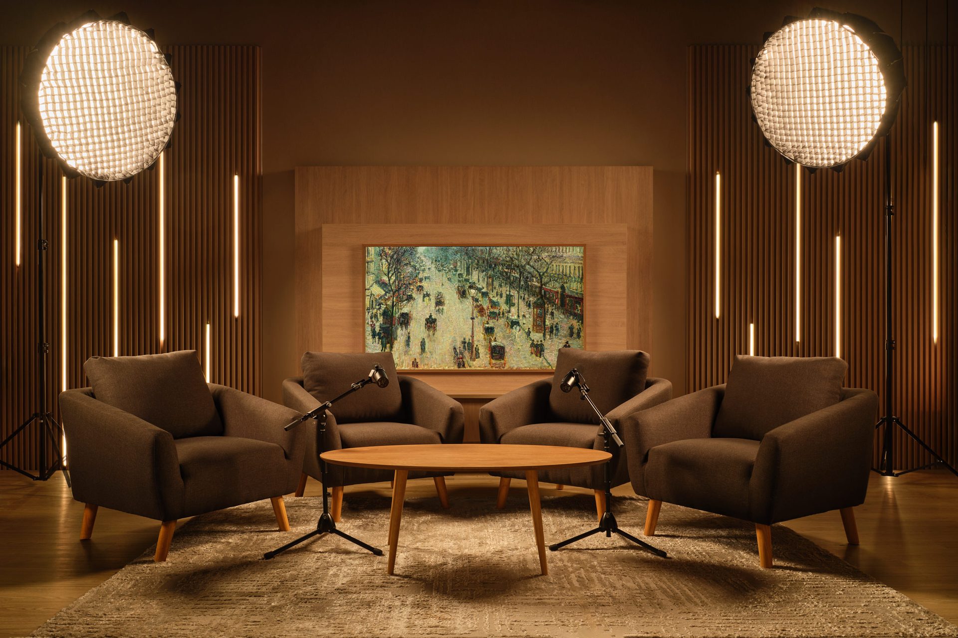 Mid-century modern podcast studio with wood slat panels and art display