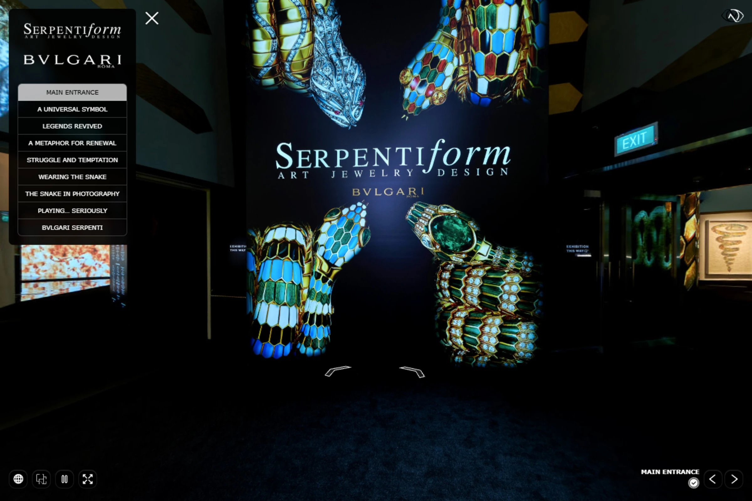 Virtual tour entrance showing large backlit wall graphic of jewelled snake bracelets with exhibition title and navigation menu