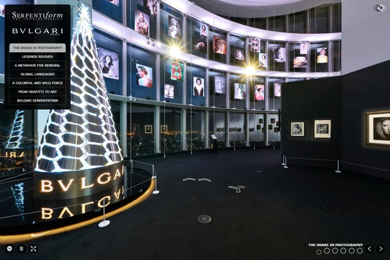 Bulgari Serpentiform Tokyo exhibition with illuminated serpent-scale tower sculpture and photography gallery walls