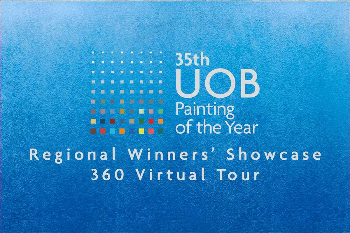 Blue gradient promotional banner with white text reading 35th UOB Painting of the Year Regional Winners’ Showcase 360 Virtual Tour and a multicolored pixel grid logo.