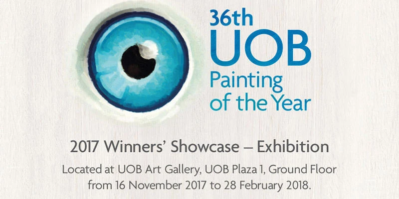 Wide-format promotional banner for the 36th UOB Painting of the Year 2017 Winners' Showcase with a painted blue eye illustration on a white background.