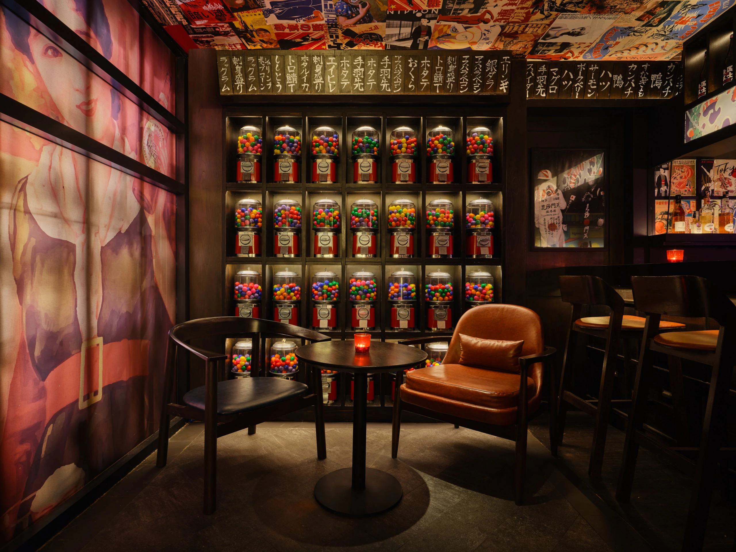 Entrance detail with vintage gumball machines and neon lighting