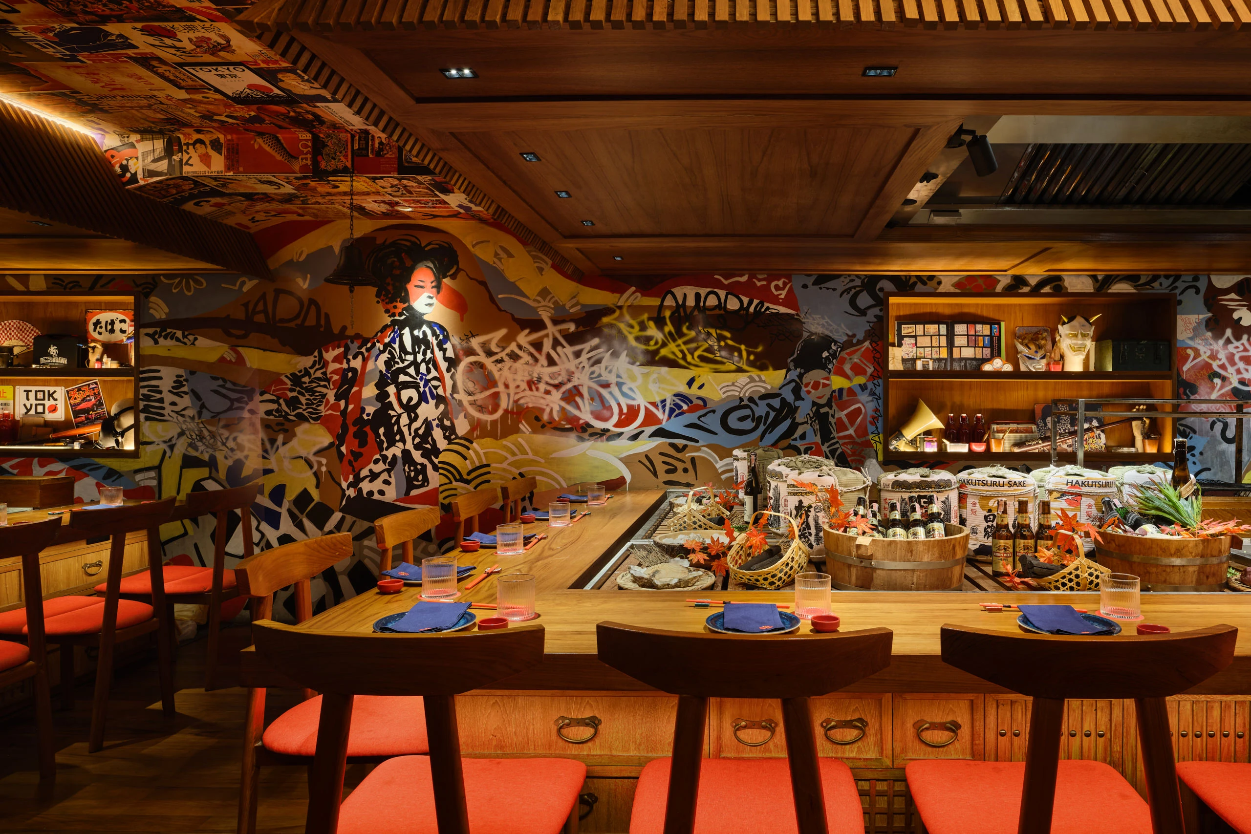 Warm-toned dining area with vibrant wall mural and wooden furniture