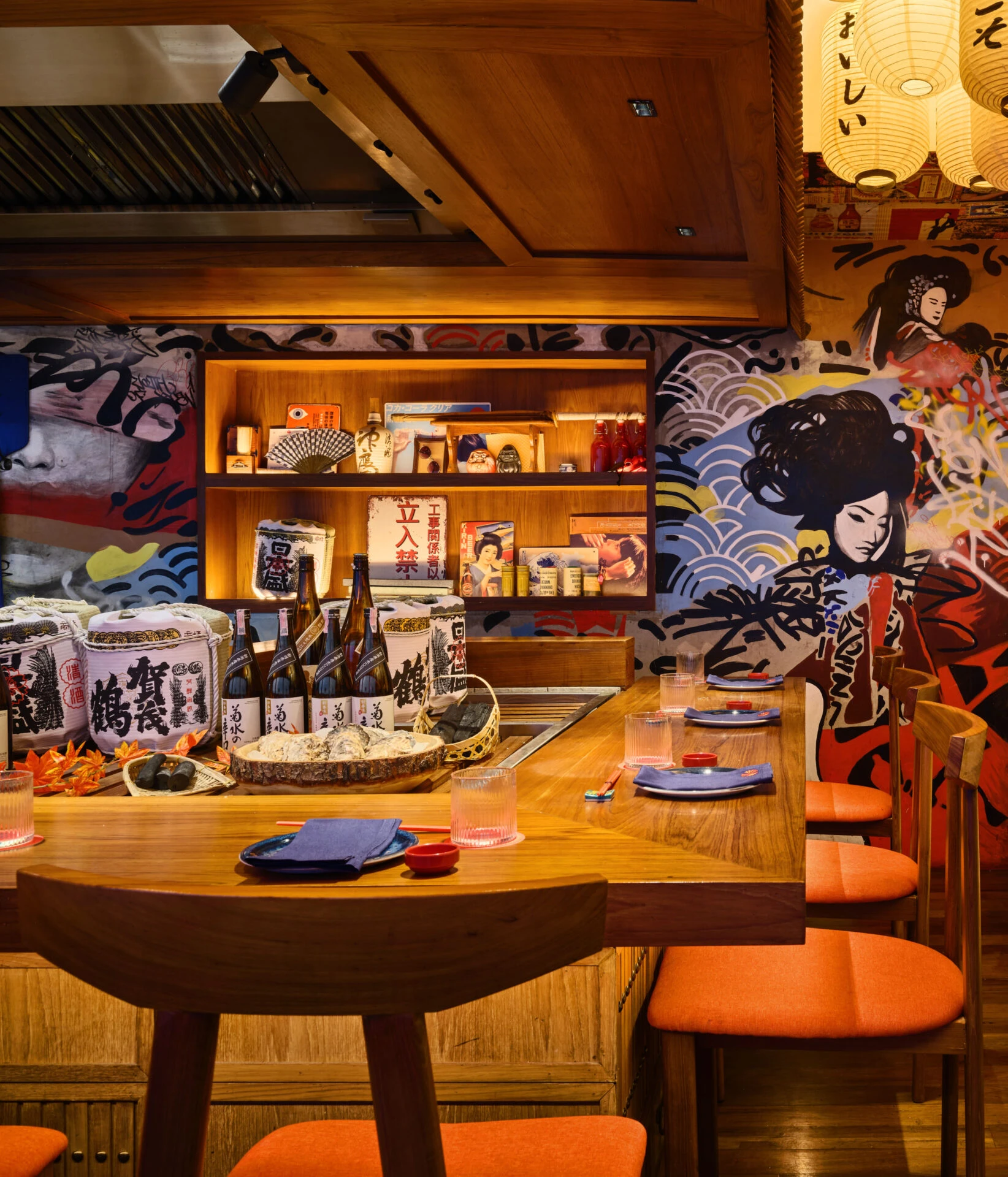 Leather chair back detail with bar counter and warm lighting beyond